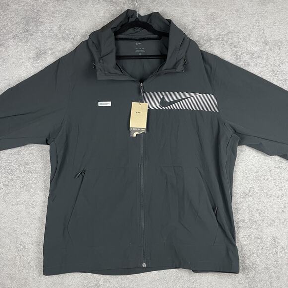 Nike Jacket Mens 2XL Black Running Hooded Full Zip Windbreaker Swoosh FB8558-010 - Picture 1 of 15
